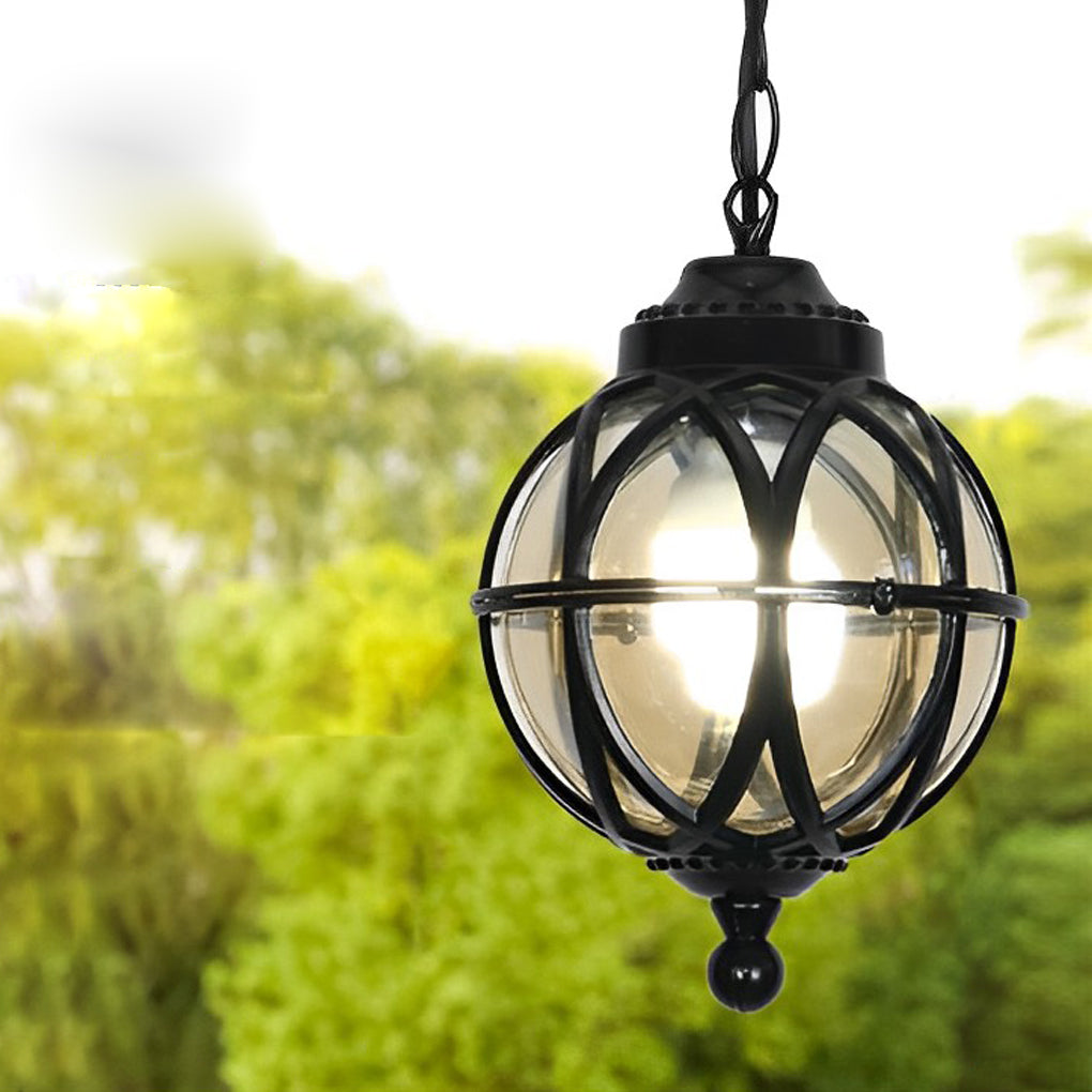 Metal Orb Outdoor Hanging Light — Aluminum and Glass Globe, IP54, Adjustable Chain, Black or Bronze