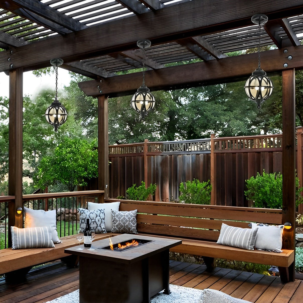Metal Orb Outdoor Hanging Light — Aluminum and Glass Globe, IP54, Adjustable Chain, Black or Bronze