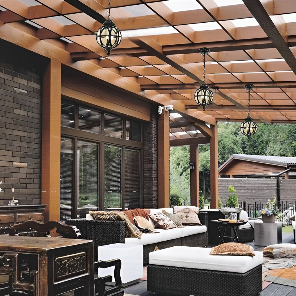 Metal Orb Outdoor Hanging Light — Aluminum and Glass Globe, IP54, Adjustable Chain, Black or Bronze