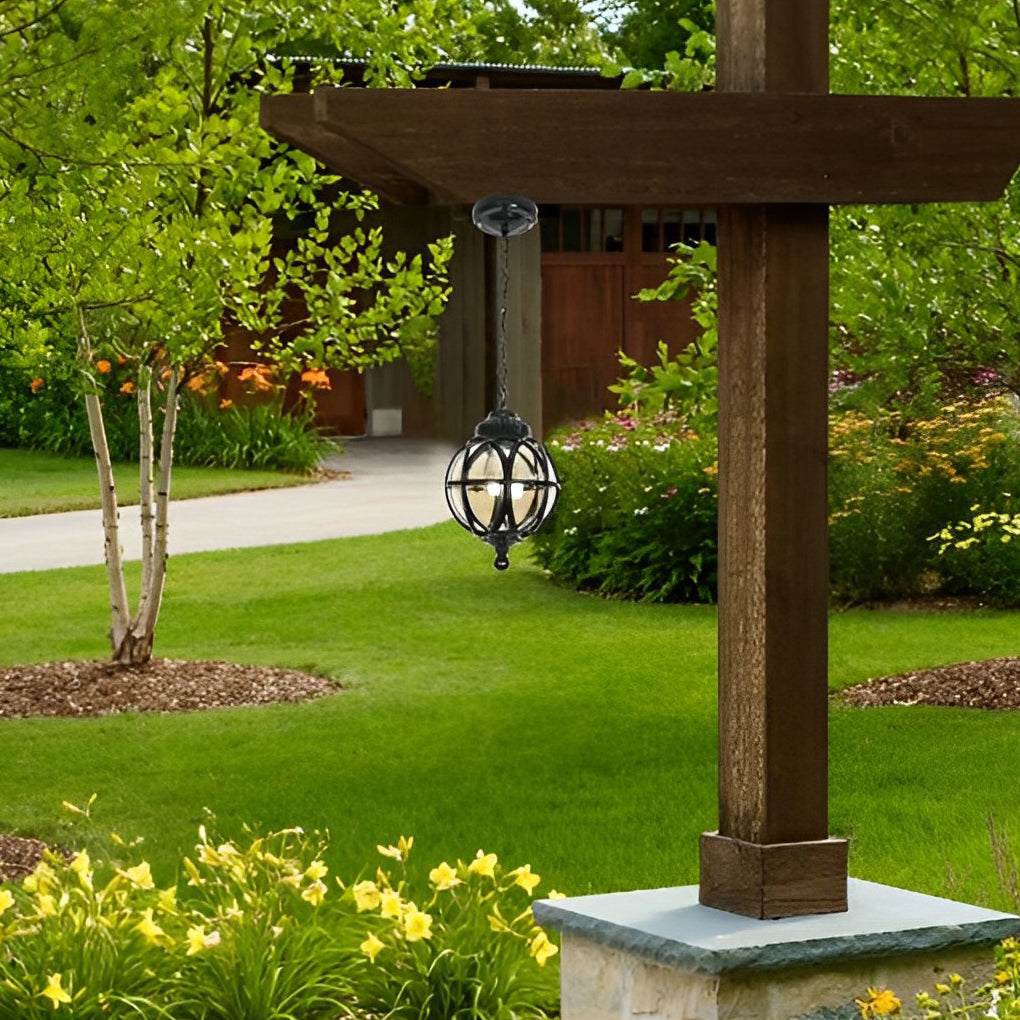 Metal Orb Outdoor Hanging Light — Aluminum and Glass Globe, IP54, Adjustable Chain, Black or Bronze
