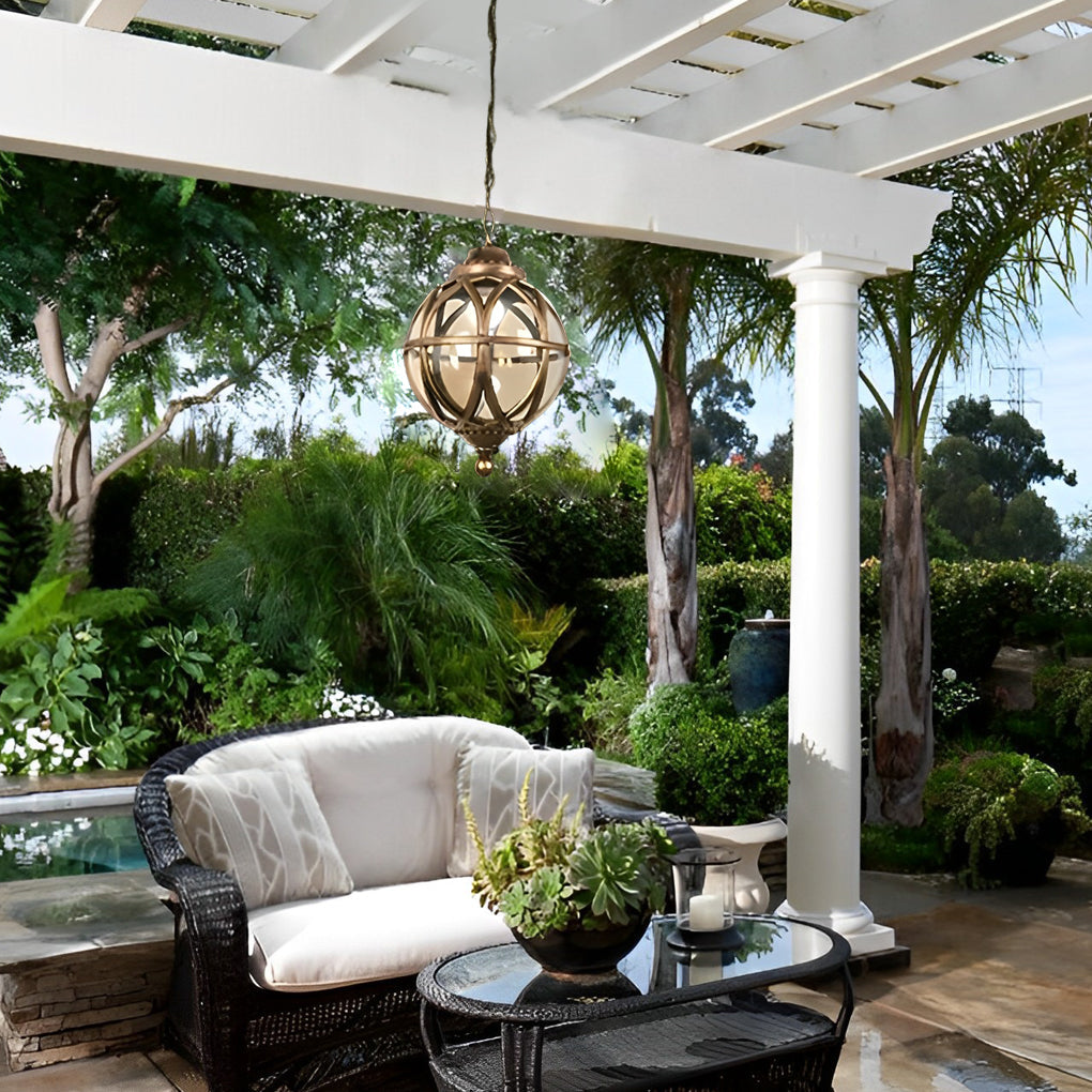 Metal Orb Outdoor Hanging Light — Aluminum and Glass Globe, IP54, Adjustable Chain, Black or Bronze