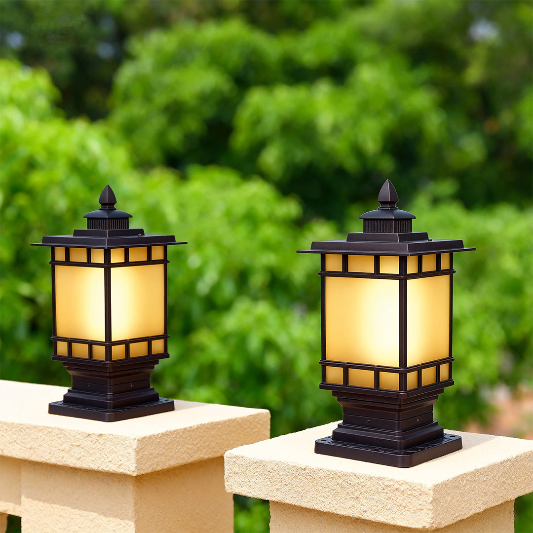 Vintage Outdoor Pillar Light — Coffee Aluminum and Glass, 9W LED E26, IP44, 14.4" Height