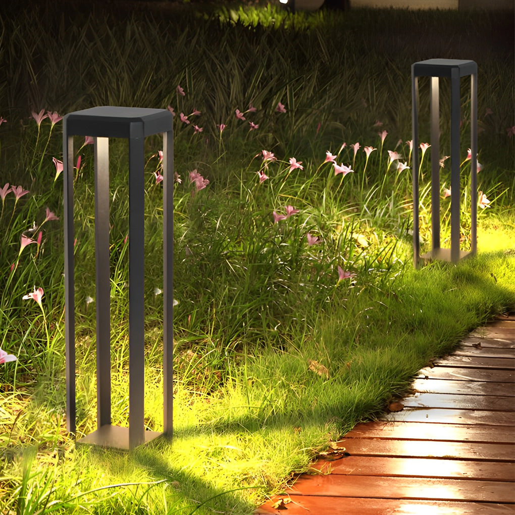 Modern Black Solar Bollard Path Light — Die-Cast Aluminum, Perforated Four-Post, LED, Solar / Hardwired, IP65, 3 Heights