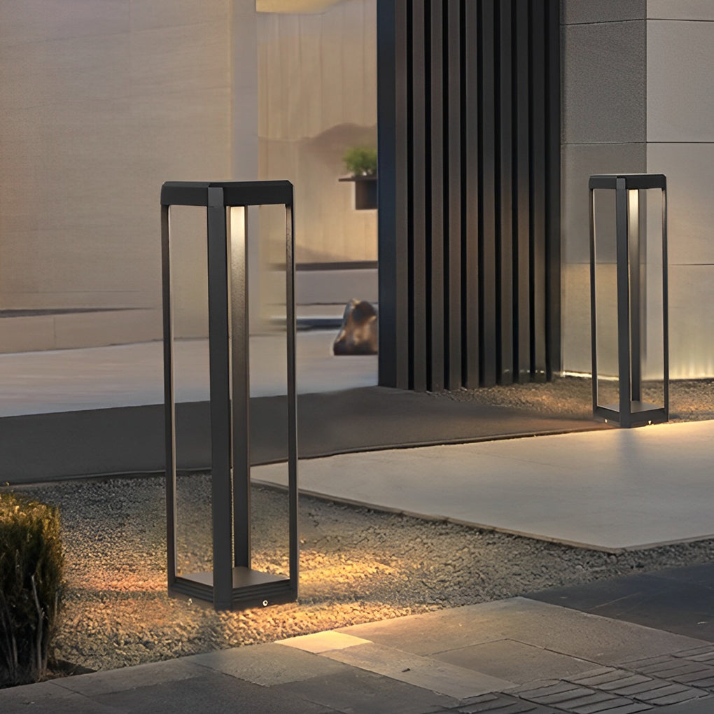Modern Black Solar Bollard Path Light — Die-Cast Aluminum, Perforated Four-Post, LED, Solar / Hardwired, IP65, 3 Heights
