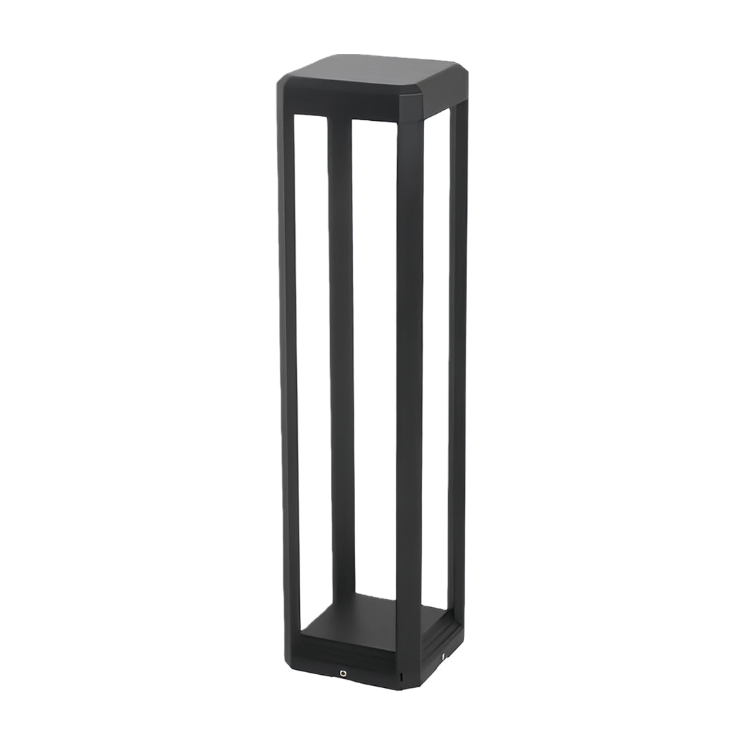 Modern Black Solar Bollard Path Light — Die-Cast Aluminum, Perforated Four-Post, LED, Solar / Hardwired, IP65, 3 Heights