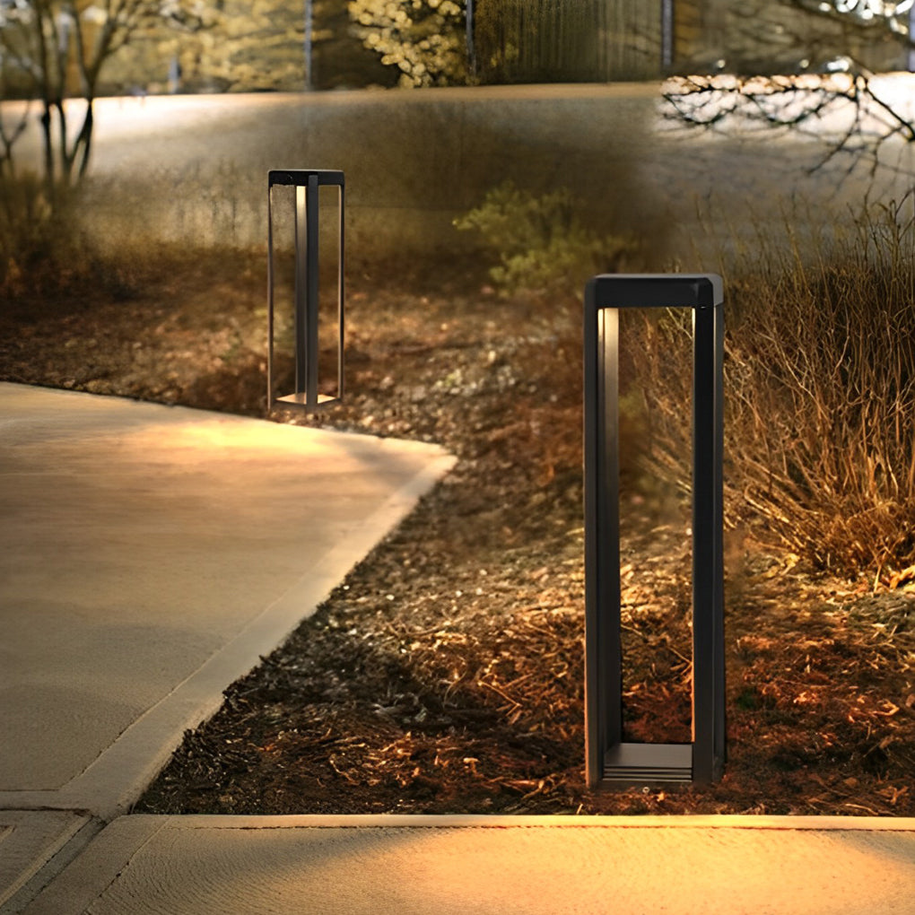 Modern Black Solar Bollard Path Light — Die-Cast Aluminum, Perforated Four-Post, LED, Solar / Hardwired, IP65, 3 Heights