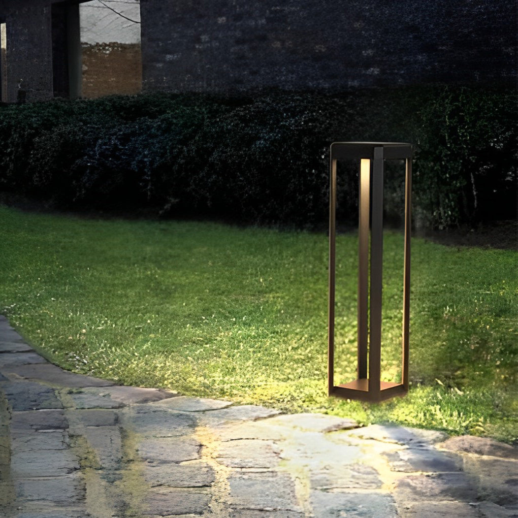 Modern Black Solar Bollard Path Light — Die-Cast Aluminum, Perforated Four-Post, LED, Solar / Hardwired, IP65, 3 Heights