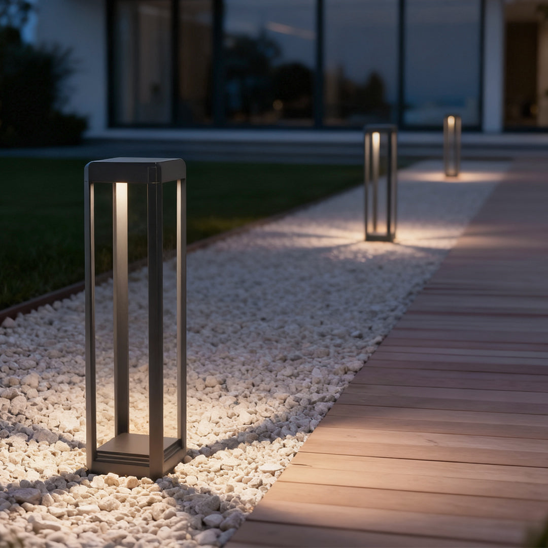 Modern Black Solar Bollard Path Light — Die-Cast Aluminum, Perforated Four-Post, LED, Solar / Hardwired, IP65, 3 Heights
