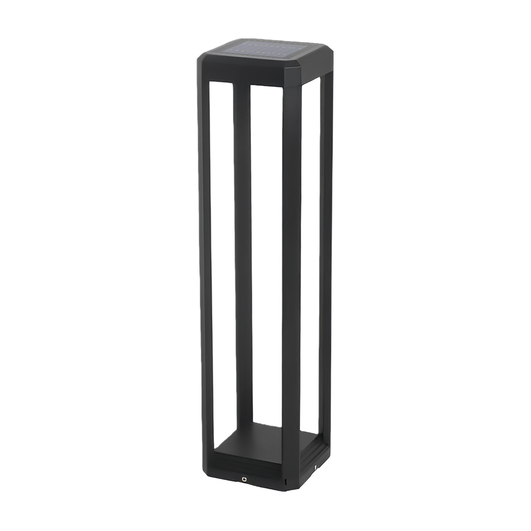 Modern Black Solar Bollard Path Light — Die-Cast Aluminum, Perforated Four-Post, LED, Solar / Hardwired, IP65, 3 Heights