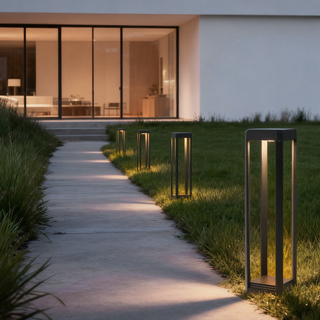 Modern Black Solar Bollard Path Light — Die-Cast Aluminum, Perforated Four-Post, LED, Solar / Hardwired, IP65, 3 Heights