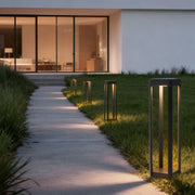 Modern Black Solar Bollard Path Light — Die-Cast Aluminum, Perforated Four-Post, LED, Solar / Hardwired, IP65, 3 Heights