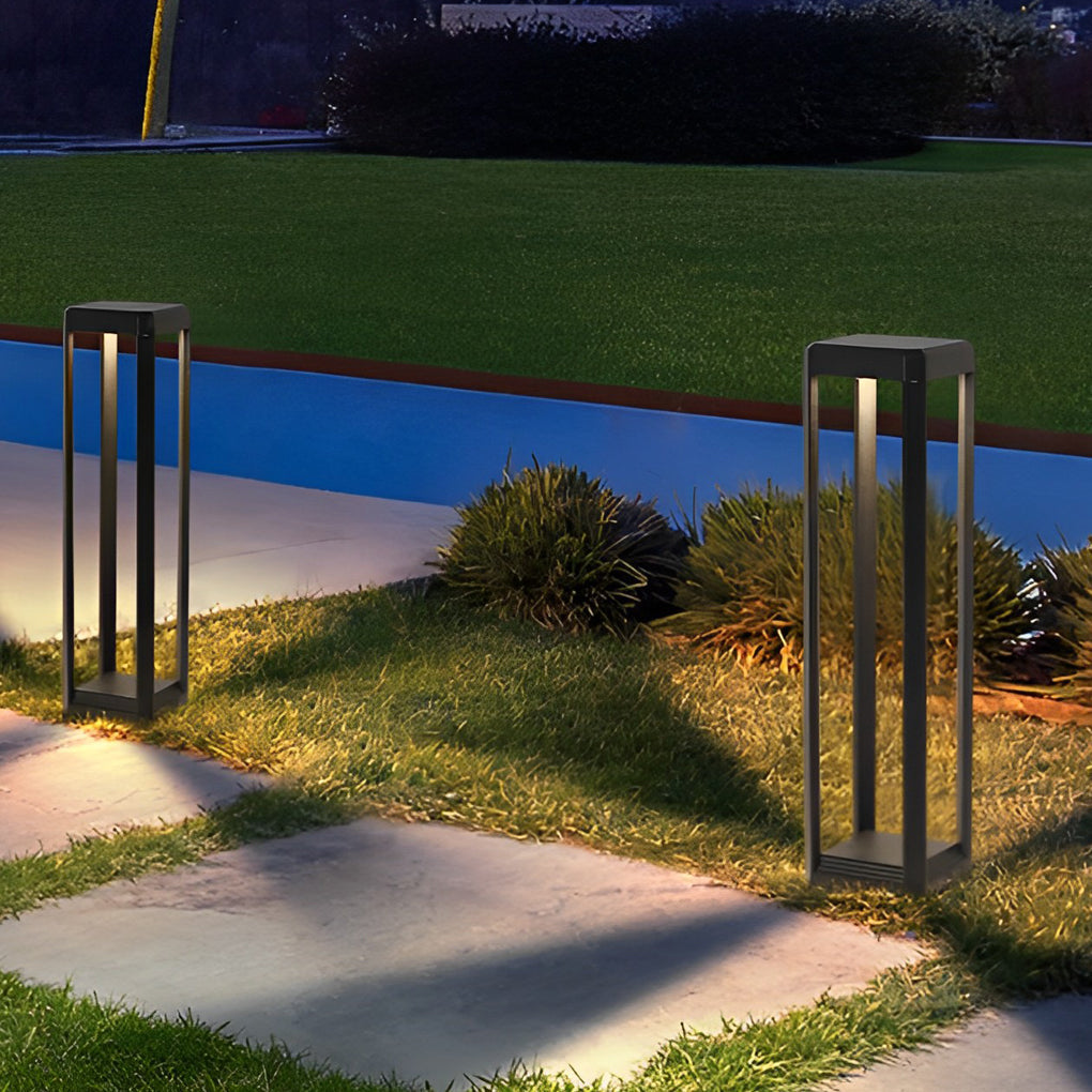 Modern Black Solar Bollard Path Light — Die-Cast Aluminum, Perforated Four-Post, LED, Solar / Hardwired, IP65, 3 Heights