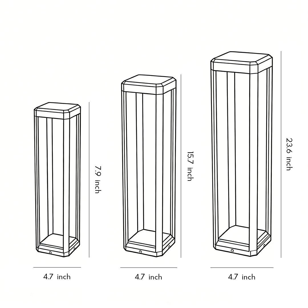 Modern Black Solar Bollard Path Light — Die-Cast Aluminum, Perforated Four-Post, LED, Solar / Hardwired, IP65, 3 Heights