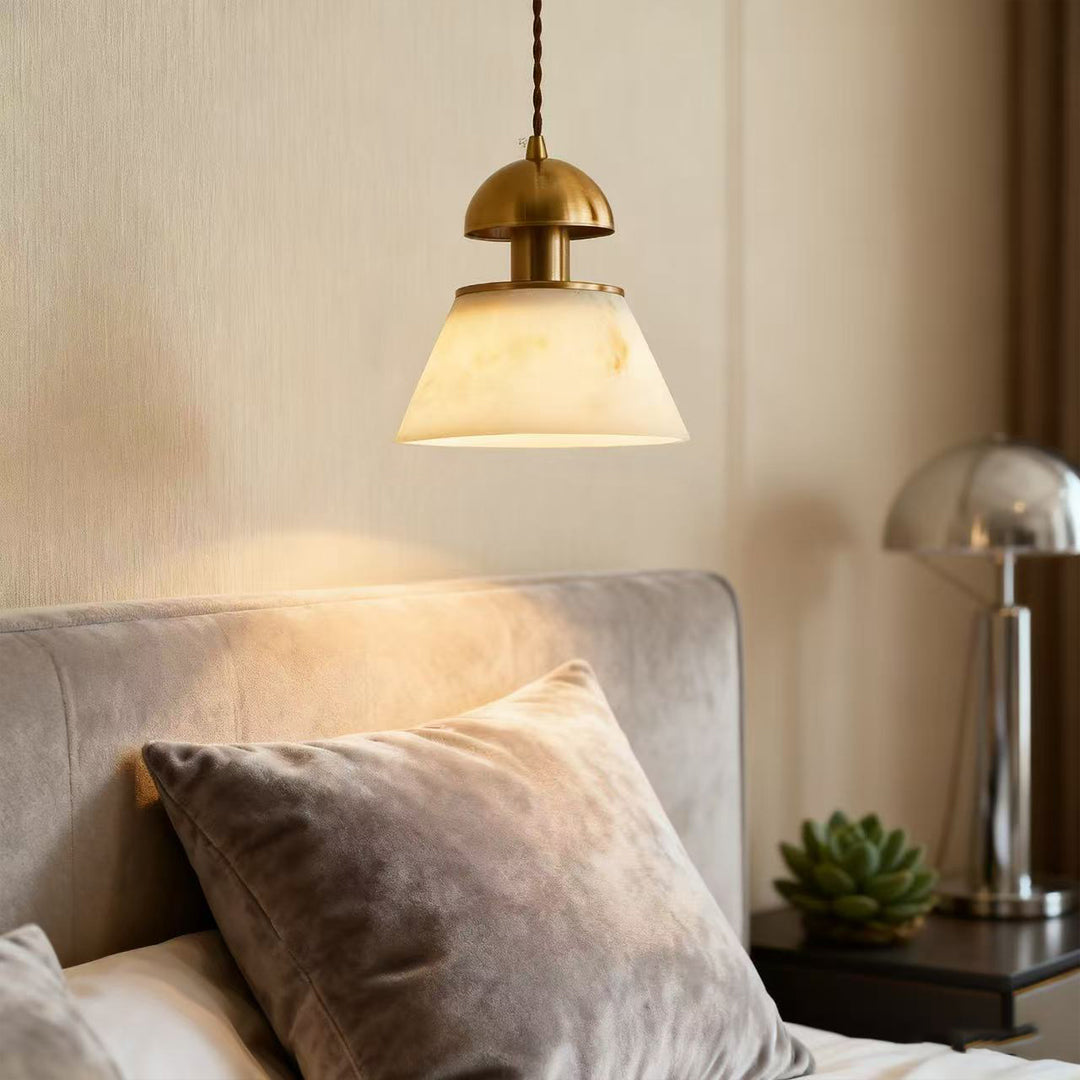 French Mid-Century Pendant Light — Faux Cloud Stone Shade, Gold Metal Frame, G9, Three-Step Dimming, 59" Adjustable Cord
