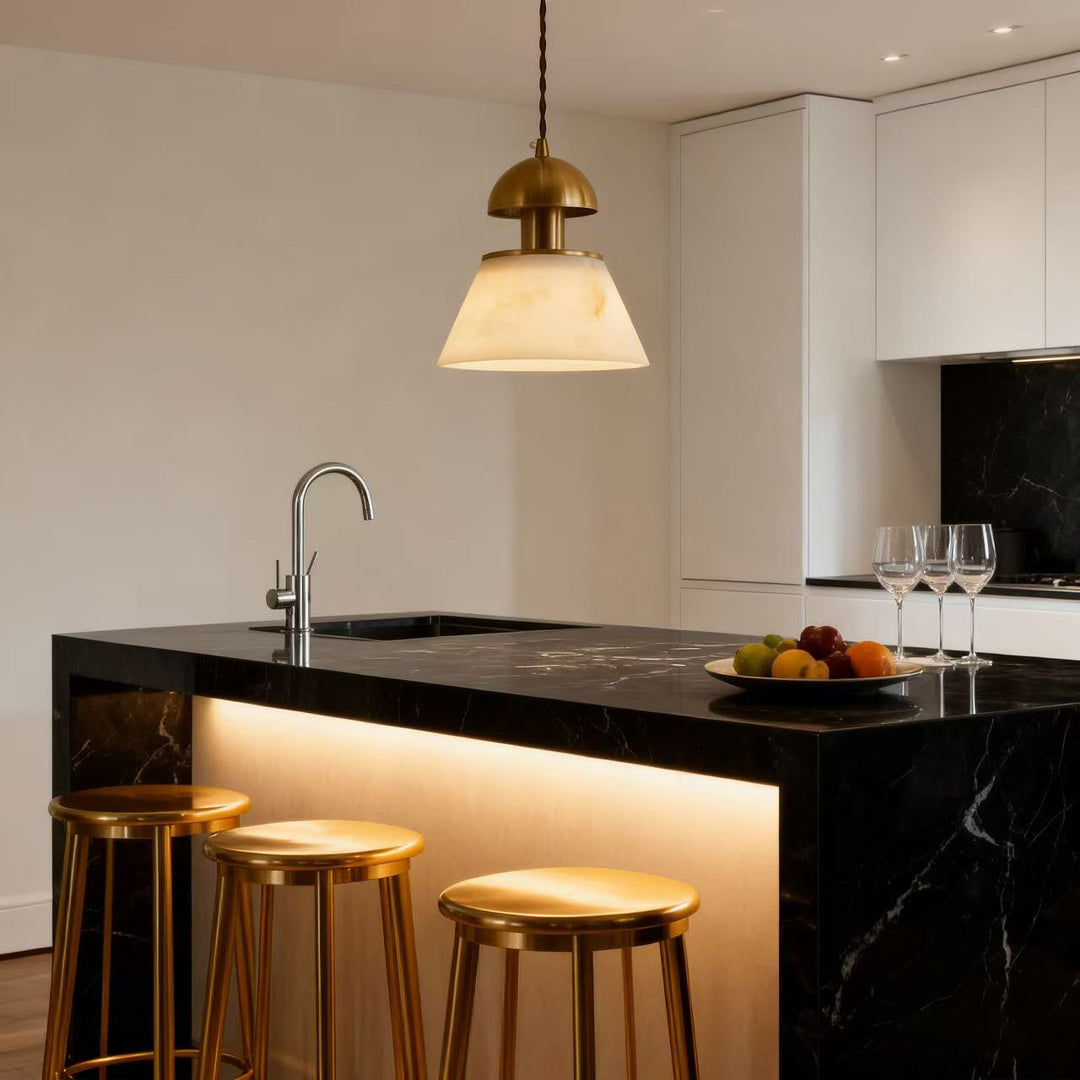 French Mid-Century Pendant Light — Faux Cloud Stone Shade, Gold Metal Frame, G9, Three-Step Dimming, 59" Adjustable Cord