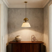 French Mid-Century Pendant Light — Faux Cloud Stone Shade, Gold Metal Frame, G9, Three-Step Dimming, 59" Adjustable Cord