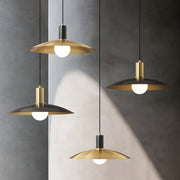 mid century brass pendant light with flared design and white glass shade 1 light