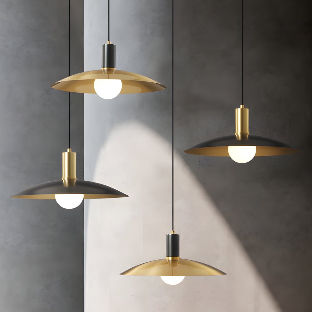 mid century brass pendant light with flared design and white glass shade 1 light