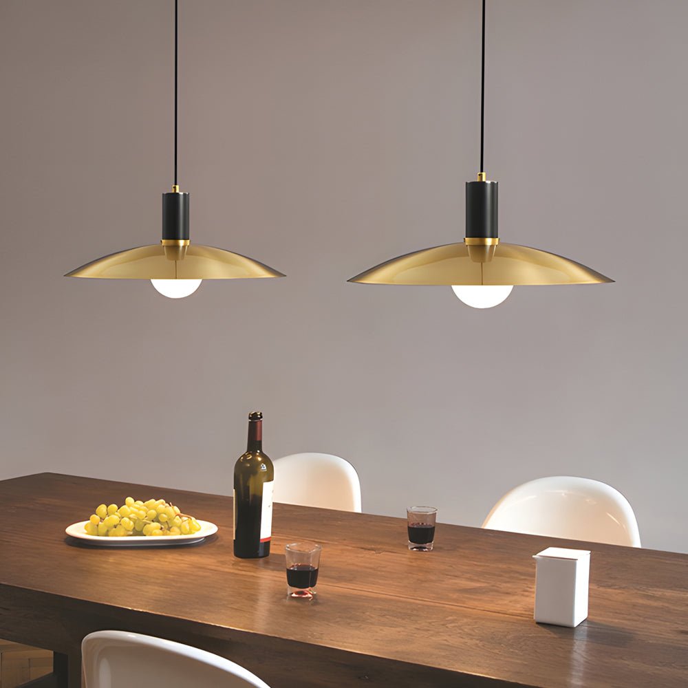 mid century brass pendant light with flared design and white glass shade 1 light