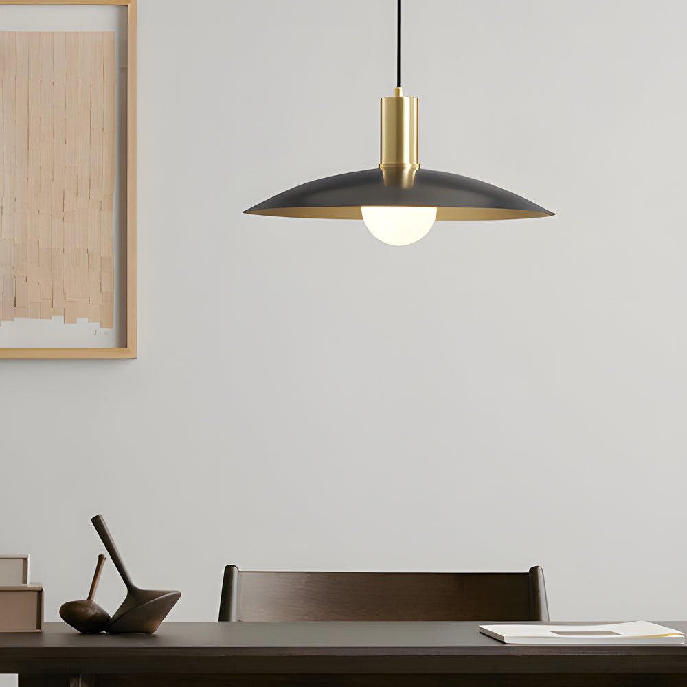 mid century brass pendant light with flared design and white glass shade 1 light
