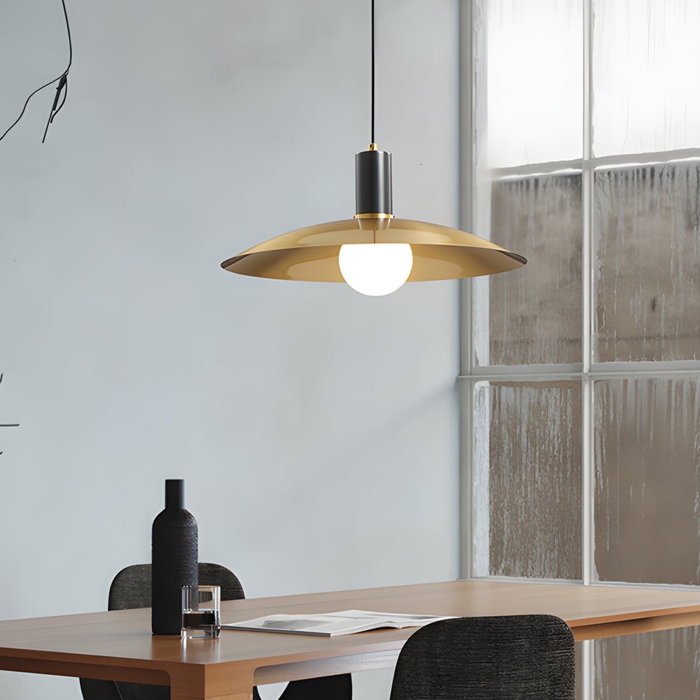mid century brass pendant light with flared design and white glass shade 1 light
