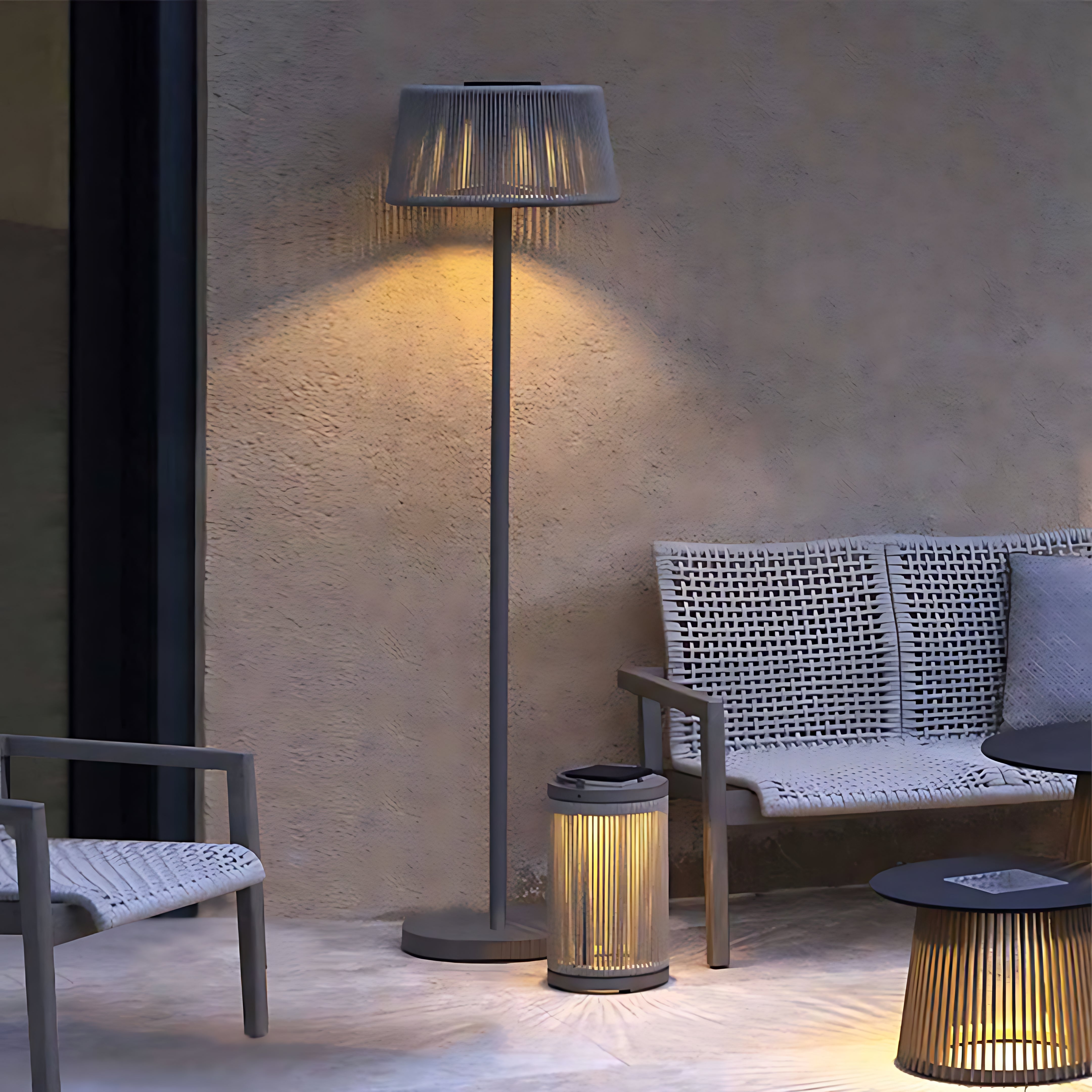 Mid-Century Modern Outdoor Floor Lamp — Stainless Steel, Hand-Woven Shade, LED 3000K, IP65, Solar / Hardwired
