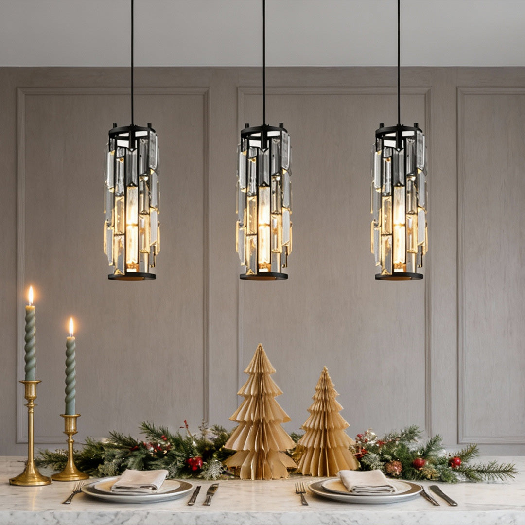 Industrial Mini Crystal Pendant — Iron Frame, Crystal Glass Shade, 1- or 3-Light, E27, Black / Gold / Chrome