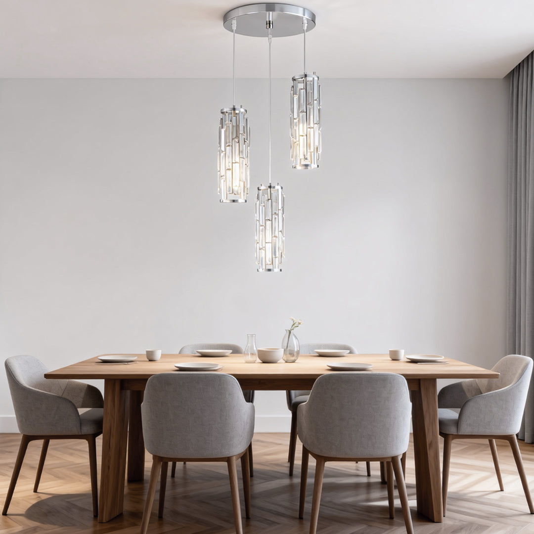 Industrial Mini Crystal Pendant — Iron Frame, Crystal Glass Shade, 1- or 3-Light, E27, Black / Gold / Chrome