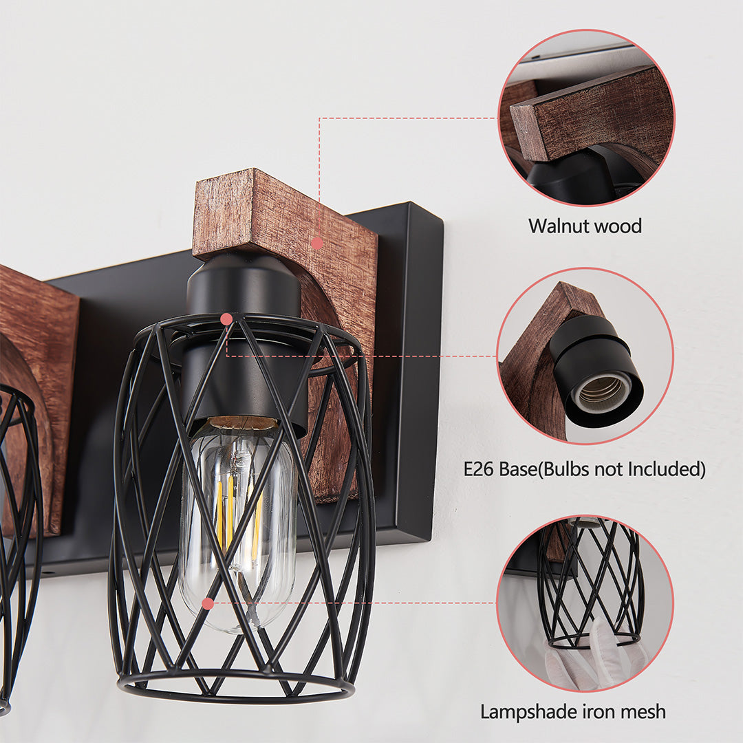 Metal Cage Bathroom Vanity Light — Black Finish, Walnut Wood, 3-to-7-Light, E26
