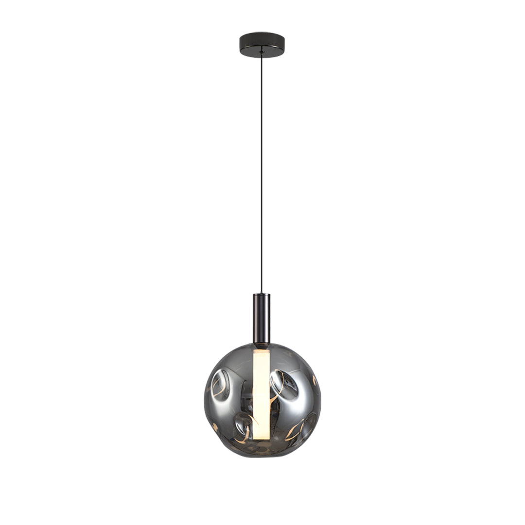 Minimalist Branch Drum Pendant Light — Wrought Iron, Smoke Grey Glass, Three-Color Dimming, Adjustable Chain
