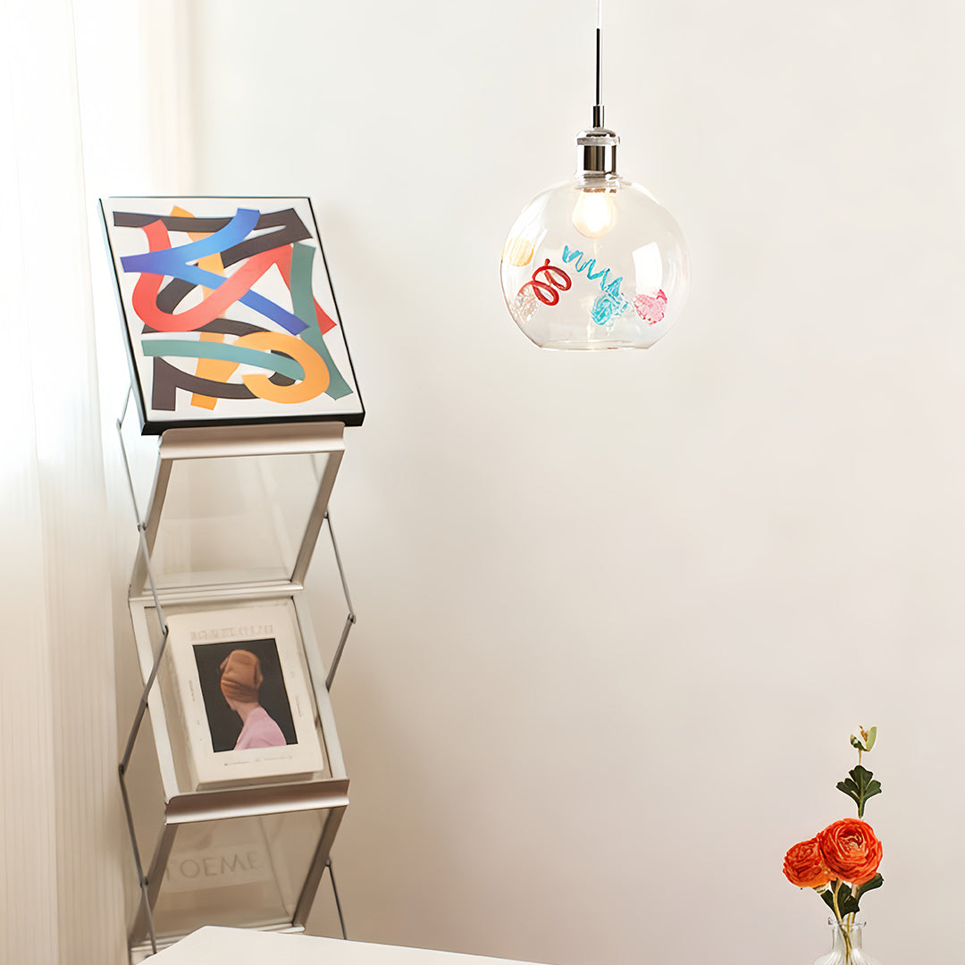 Memphis-Inspired Geometric Pendant Light — Iridescent Glass, White Frame, E27, Adjustable Cord