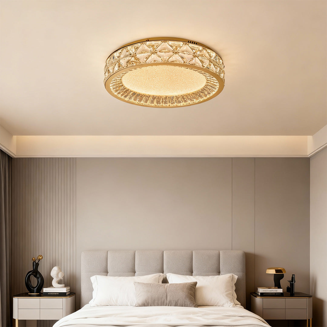 Crystal Flush-Mount Ceiling Light — Champagne Gold Carbon Steel, LED, Three-Color Dimming, 15.8"–23.6"