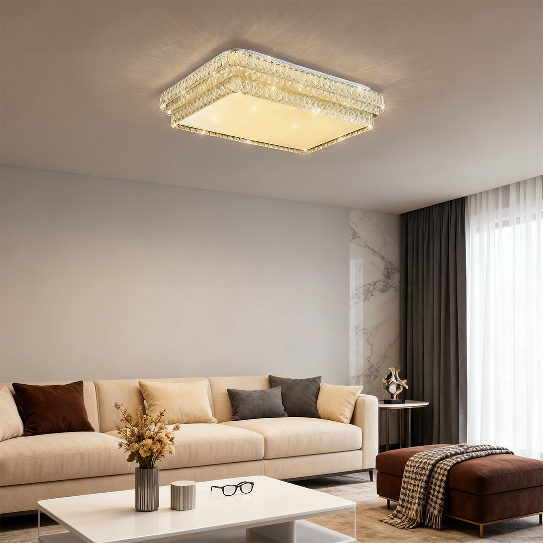 Crystal Flush-Mount Ceiling Light — Chrome Stainless Steel, LED, 3-Step Dimming (3000K/4500K/6000K), Round / Square / Rectangle