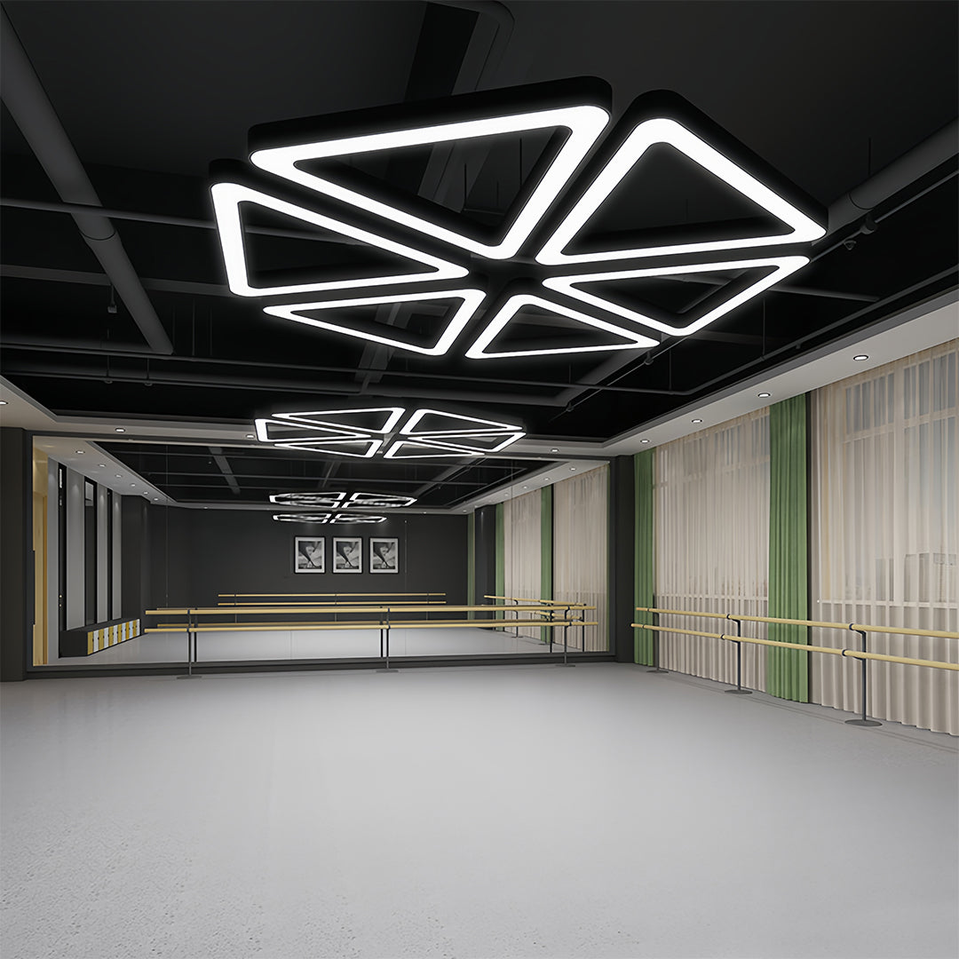 Triangular Geometric LED Chandelier — Black Iron with White Acrylic, Adjustable 39.4" Chain, 5 Sizes