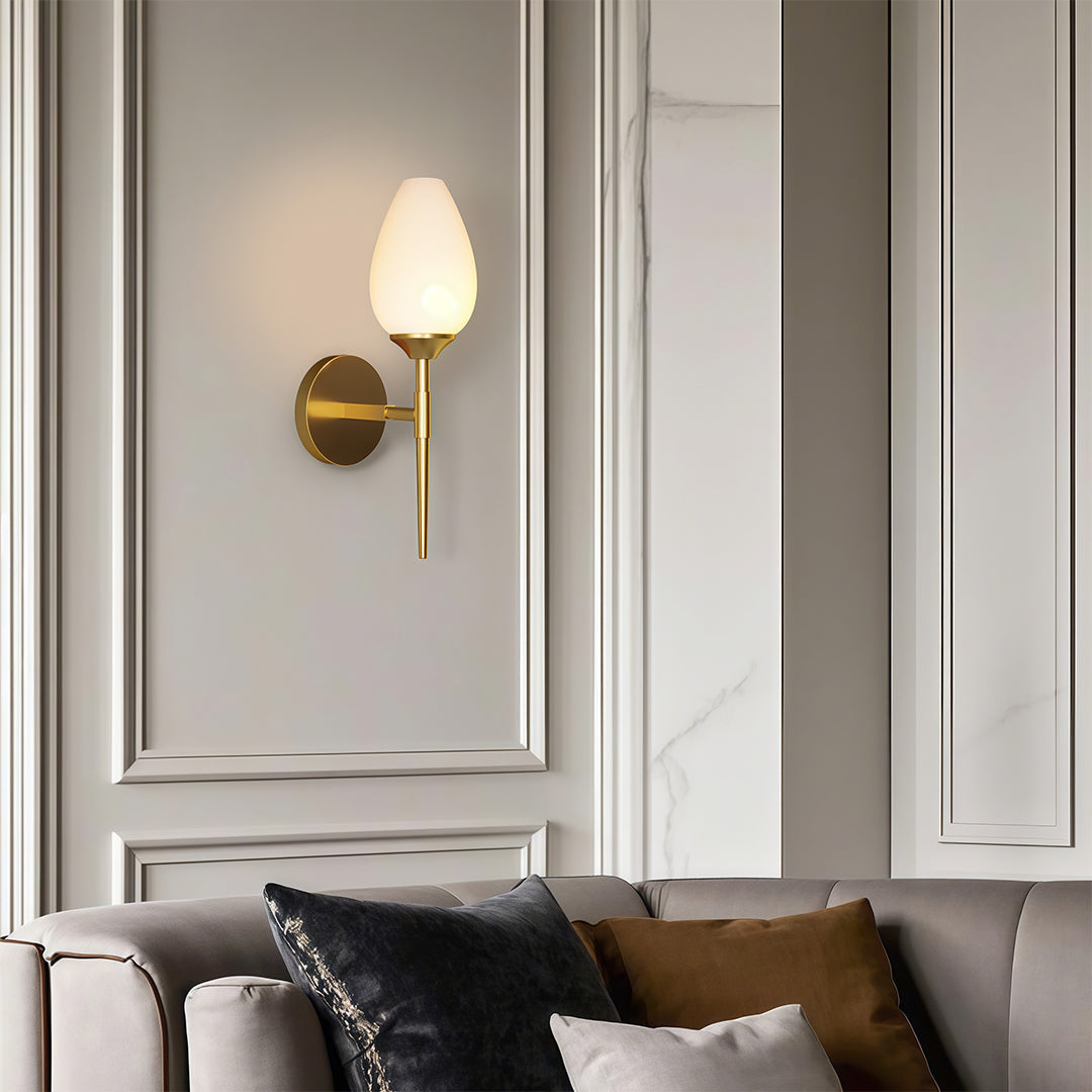 Single-Head Glass Wall Sconce — Full Copper Frame, Clear Glass Shade, G9, Hardwired, Black / Copper / Nickel