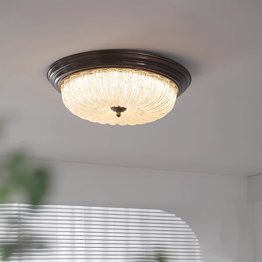 Pumpkin Dome Flush-Mount Ceiling Light — Walnut Iron Frame, Prismatic Glass, 3-Step Dimming, LED, 15"–23" Sizes