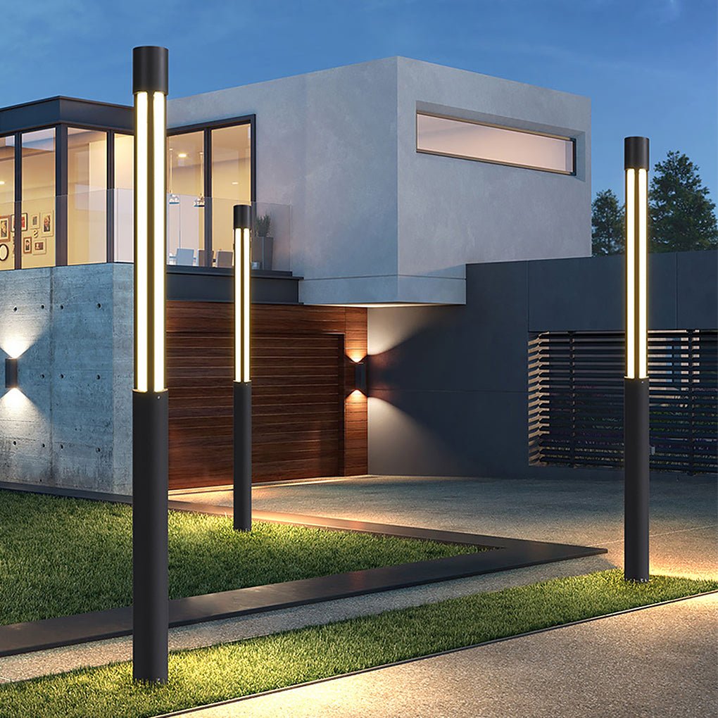 Cylinder Outdoor Bollard Light — Black Die-Cast Aluminum, LED, IP54, 10W–35W, 3000K, 31"–157" Heights