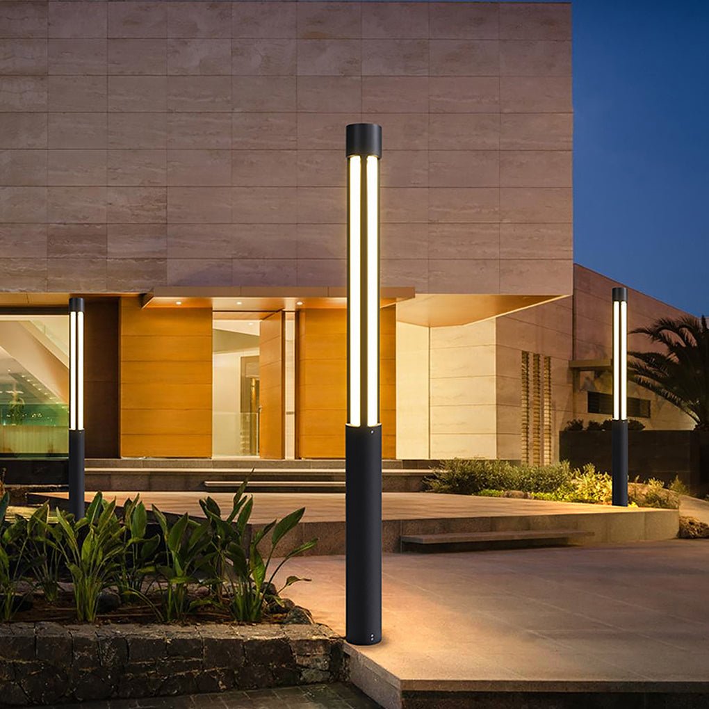 Cylinder Outdoor Bollard Light — Black Die-Cast Aluminum, LED, IP54, 10W–35W, 3000K, 31"–157" Heights
