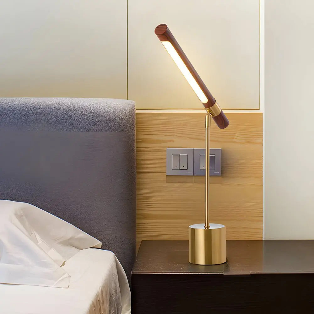 Minimalist Linear LED Desk Lamp with Wood Finish, USB Port, and Dimmable Light Bar Luxe