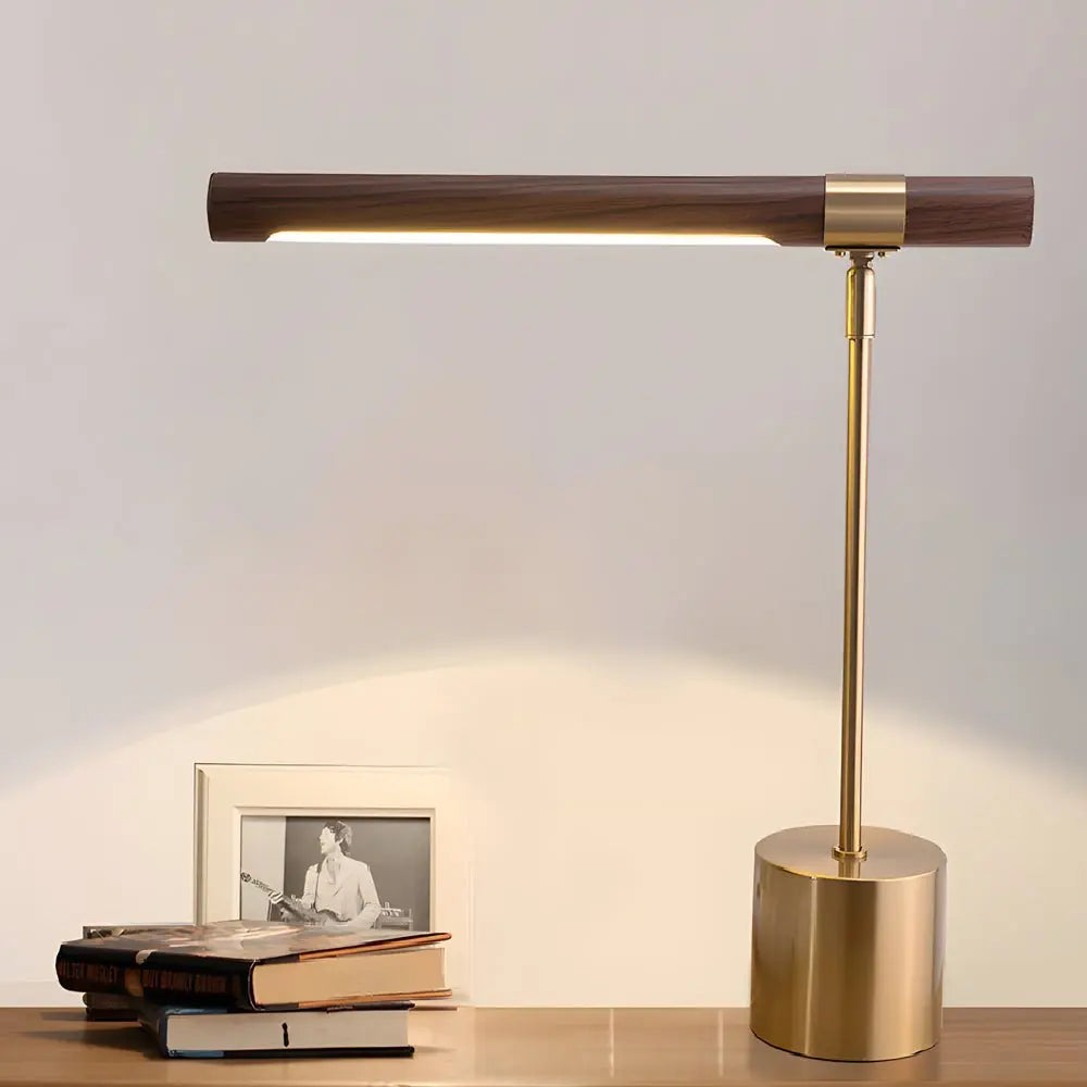 Minimalist Linear LED Desk Lamp with Wood Finish, USB Port, and Dimmable Light Bar Luxe