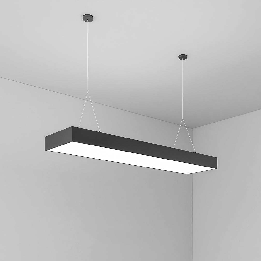 Modern Linear Rectangular Chandelier — Black Aluminum, White Acrylic, Integrated LED, Adjustable Chain