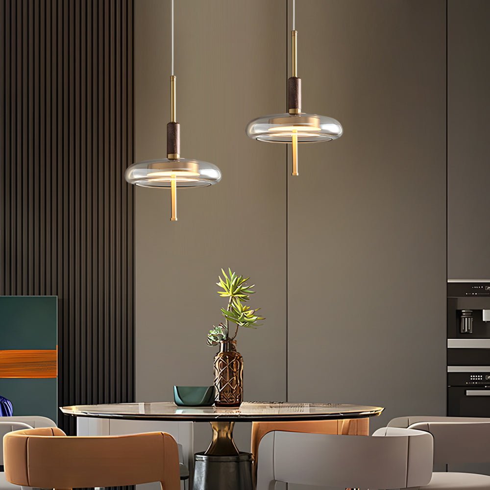 Minimalist Mini Pendant Light — Walnut Wood, Brass & Glass, 12W LED, 3-Step Dimming (3000K/4500K/6000K)