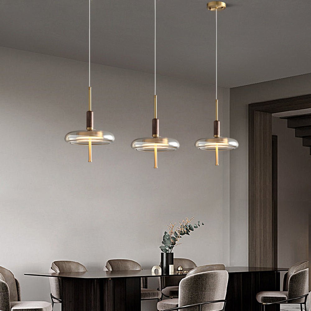 Minimalist Mini Pendant Light — Walnut Wood, Brass & Glass, 12W LED, 3-Step Dimming (3000K/4500K/6000K)