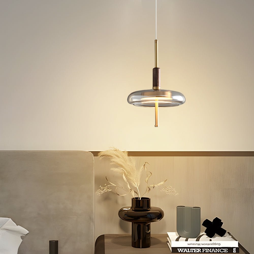 Minimalist Mini Pendant Light — Walnut Wood, Brass & Glass, 12W LED, 3-Step Dimming (3000K/4500K/6000K)