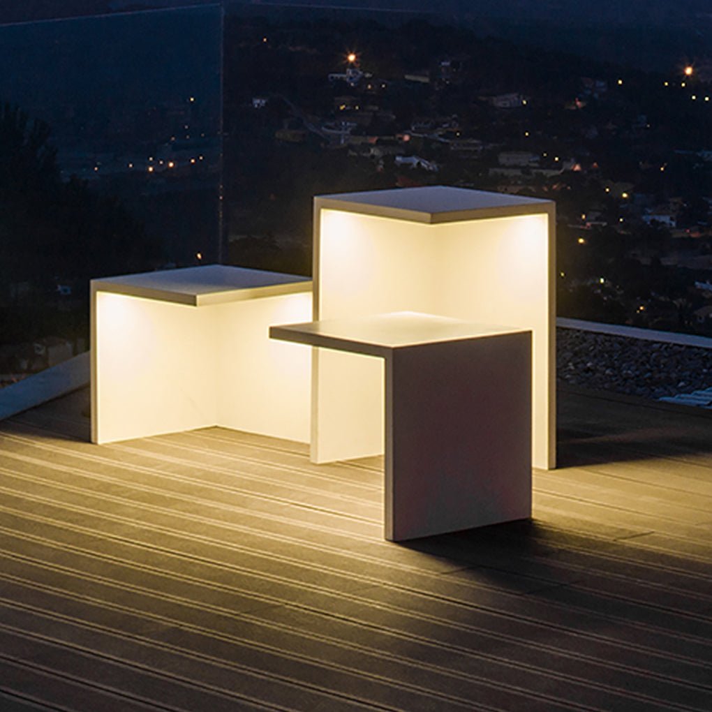 Square Table-and-Stools Outdoor Novelty Light — Stainless Steel & Glass, LED 4.5W, IP65 Weatherproof, Warm White 3000K