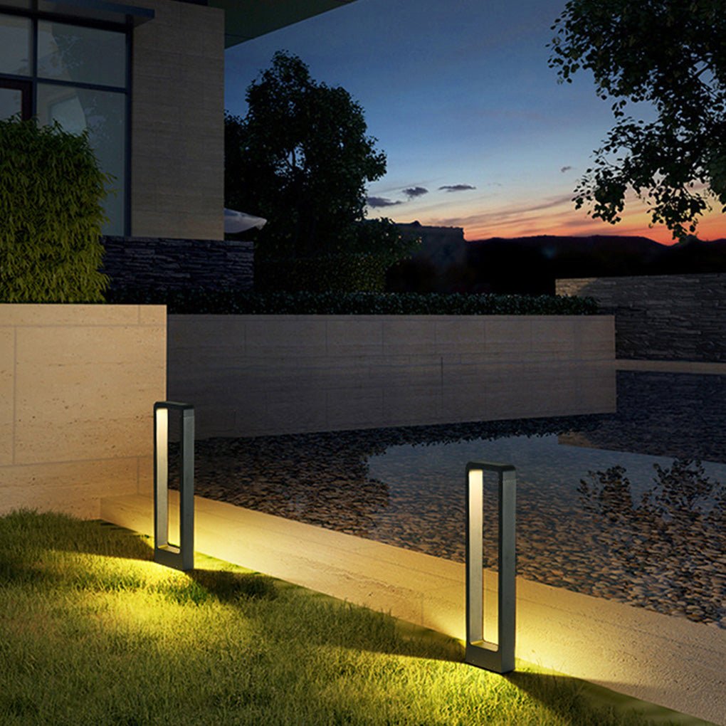 Rectangular Minimalist Bollard Path Light — Black Aluminum and Glass, COB LED, 3000K Warm White, Weatherproof