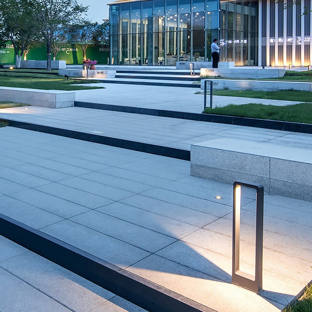 Rectangular Minimalist Bollard Path Light — Black Aluminum and Glass, COB LED, 3000K Warm White, Weatherproof