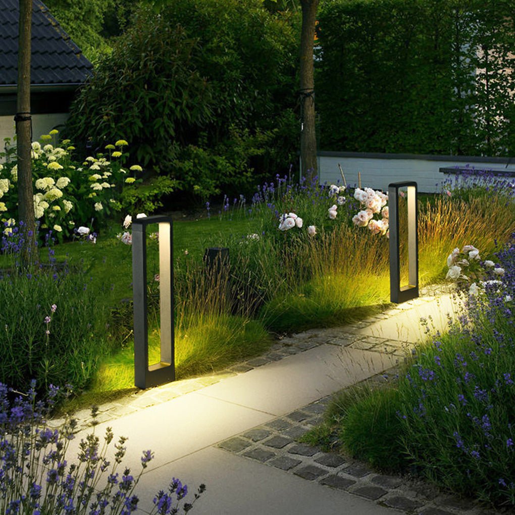 Rectangular Minimalist Bollard Path Light — Black Aluminum and Glass, COB LED, 3000K Warm White, Weatherproof
