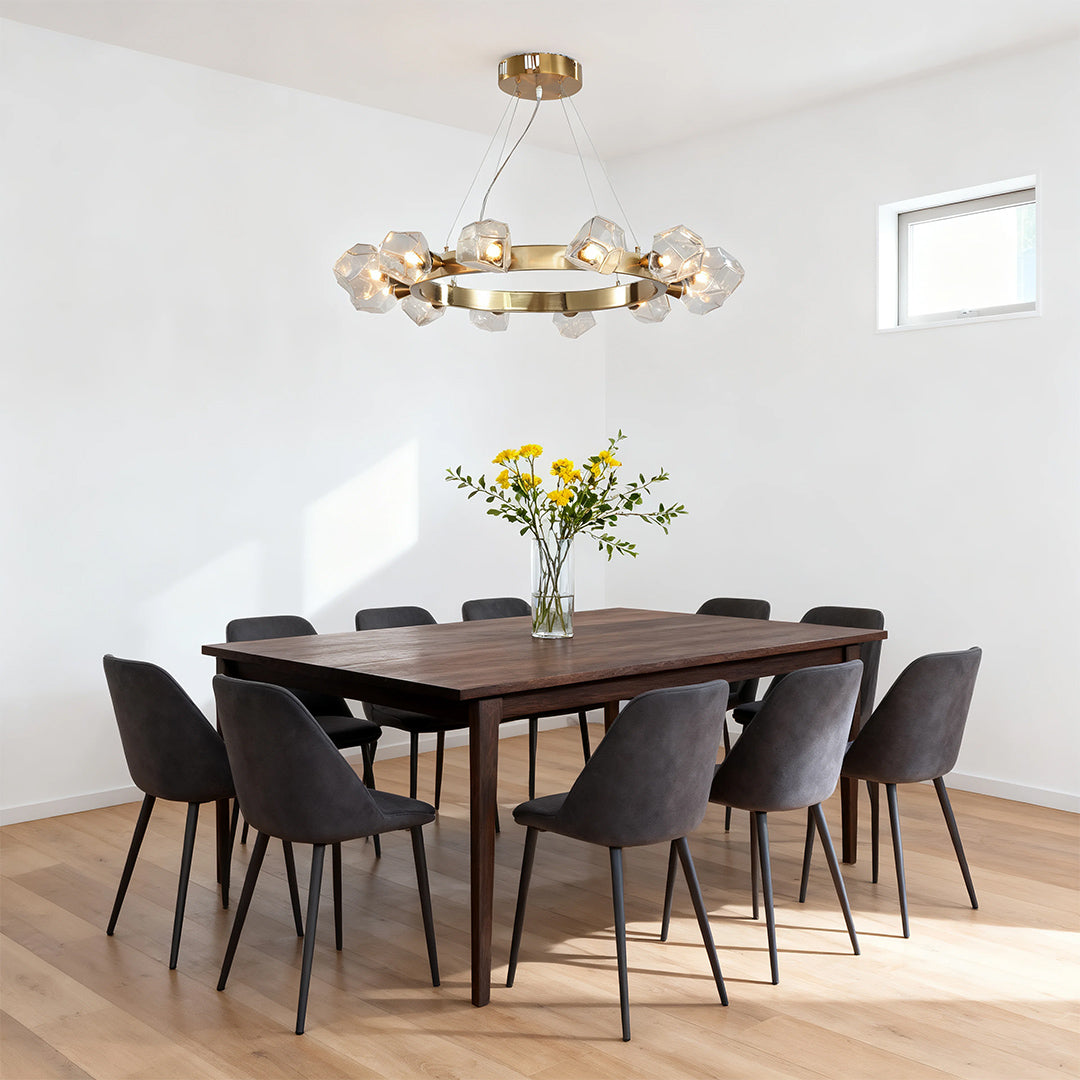 Polished Brass Ring Chandelier — Gold, Circular Geometric, Transparent Glass Shades, E12, 30.9" Diameter