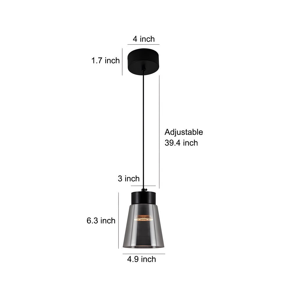 Minimalist Smoke Gray Glass Pendant — Aluminum, COB 10W, 3000K / 4000K, 4.9" Diameter